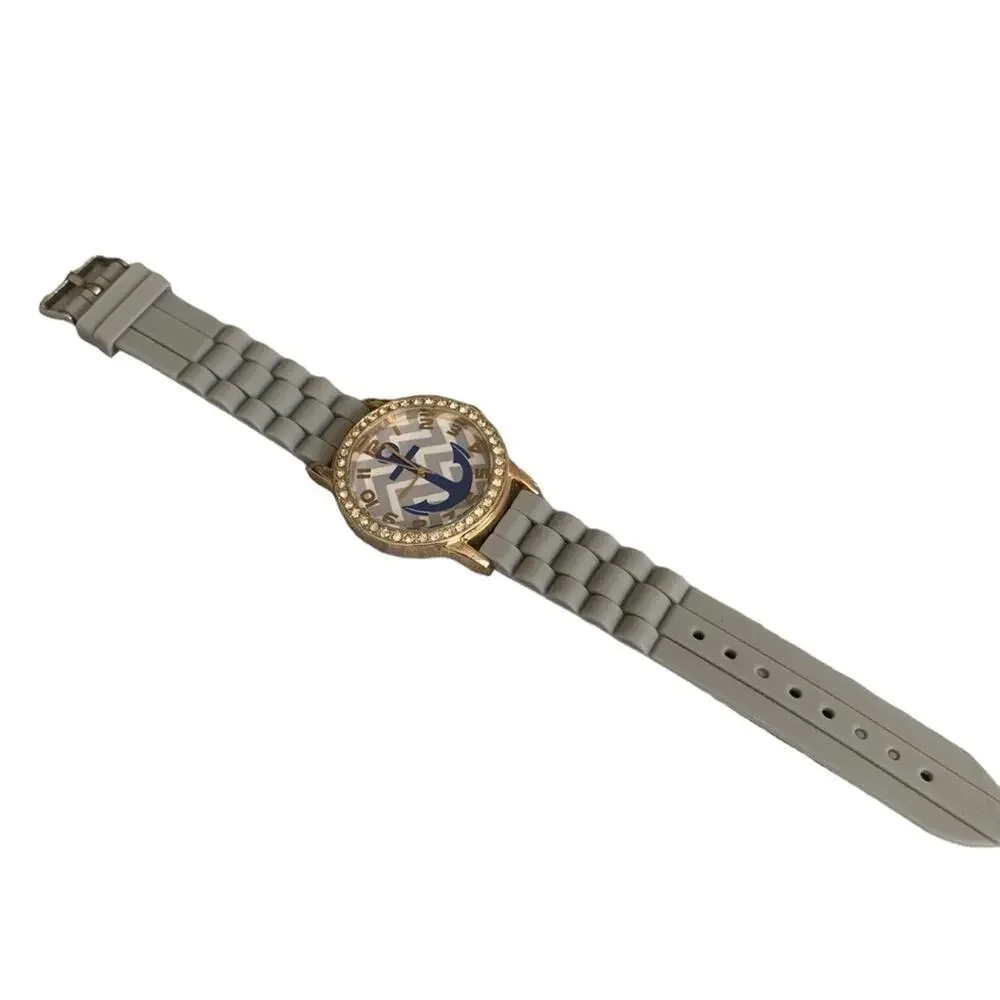 Charming Charlie Grey Navy Anchors Away Rhinestone Bezel Quartz Movement Watch